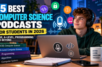 Student wearing headphones and using a laptop to study Computer Science, featuring the 15 Best Computer Science Podcasts for Students in 2026, covering GCSE, A-Level and programming.