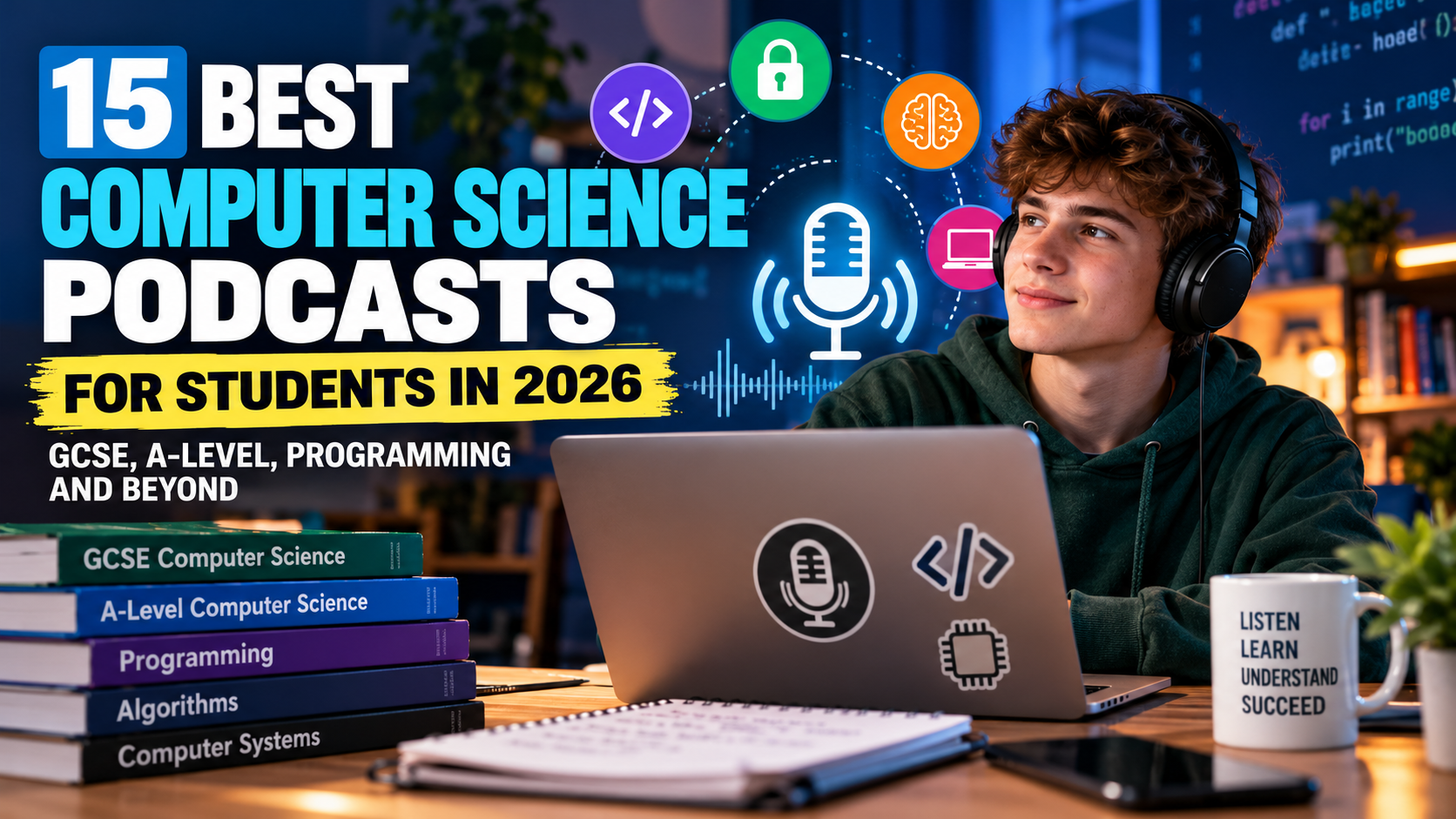 Student wearing headphones and using a laptop to study Computer Science, featuring the 15 Best Computer Science Podcasts for Students in 2026, covering GCSE, A-Level and programming.