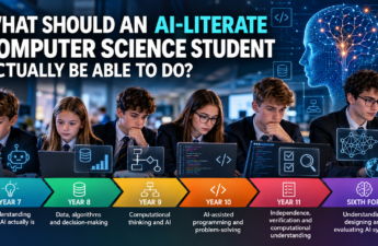 AI literacy progression in secondary Computer Science education, from Year 7 understanding of artificial intelligence to Sixth Form evaluation and responsible AI development.